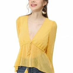 Allegra K Deep V Neck Drawstring Ruffled Swiss Dots Long Sleeves Sheer Chiffon Blouse