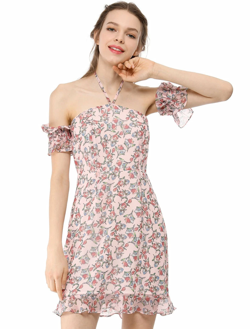 Allegra K Floral Print Off Shoulder Ruffled Halter Mini Dress Women 3 Allegra K Floral Print Off Shoulder Ruffled Halter Mini Dress Women