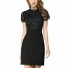 Women Allegra K Lace Floral Crew Neck Short Sleeves Dress