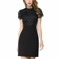 Women Allegra K Lace Floral Crew Neck Short Sleeves Dress