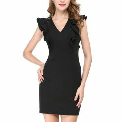Allegra K Ruffle Front V Neck Short Sleeves Dress Women