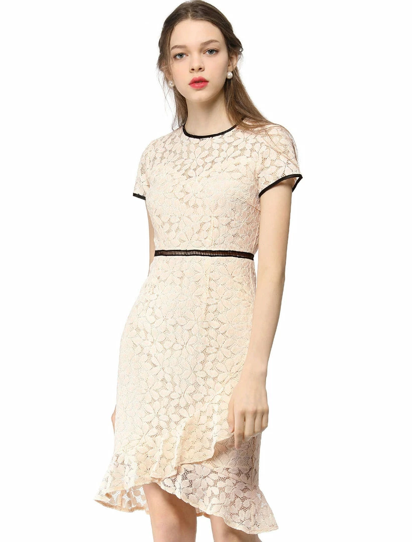 Allegra K Short Sleeve Contrast Trim Ruffled Floral Lace Dress 3 Allegra K Short Sleeve Contrast Trim Ruffled Floral Lace Dress