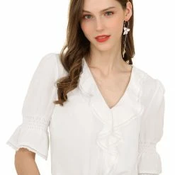 Allegra K Women's Ruffle V Neck Half Bell Sleeve Blouse Summer Vintage Casual Chiffon Peasant Top