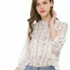 Allegra K 3/4 Sleeves Ruffle Mock Neck Sheer Lace Top