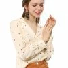 Allegra K Women's Heart Polka Dots Button Up Notched Lapel V Neck Shirt Tops