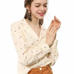 Allegra K Women's Heart Polka Dots Button Up Notched Lapel V Neck Shirt Tops