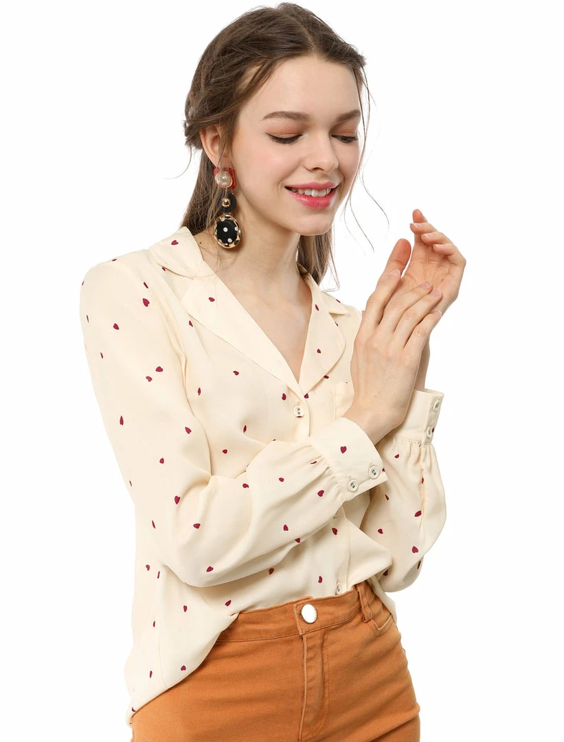 Allegra K Women's Heart Polka Dots Button Up Notched Lapel V Neck Shirt Tops 3 Allegra K Women's Heart Polka Dots Button Up Notched Lapel V Neck Shirt Tops
