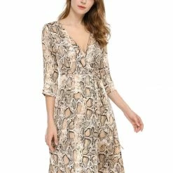 Allegra K 3/4 Sleeve Deep V Neck Tie Front Snake Print Wrap Midi Dress Women