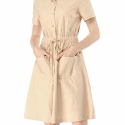 Allegra K Button Up Elastic Waist Dress With Pocket