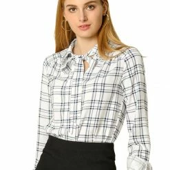 Allegra K Tie Bow Neck Long Sleeve Button Up Shirt Casual Plaids Top Women