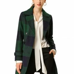 Allegra K Women's Notched Lapel Double Breasted Winter Plaids Coat
