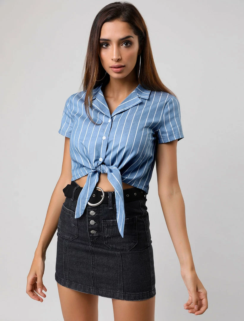 Allegra K Retro Striped Button Up Short Sleeve Tie Front Crop Shirt Women 3 Allegra K Retro Striped Button Up Short Sleeve Tie Front Crop Shirt Women