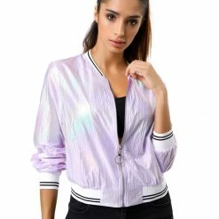 Allegra K Holographic Lightweight Bomber Jacket
