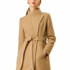 Allegra K Women's Classic Stand Collar Long Sleeve Winter Belted Long Coat