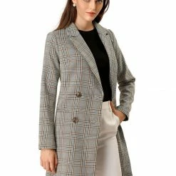 Allegra K Double Breasted Longline Plaid Blazer Jacket Women