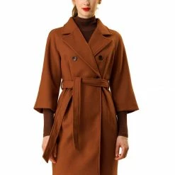 Allegra K Notched Lapel Double Breasted Belted Coat With 3/4 Raglan Sleeves Women