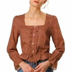 Allegra K Women Square Neck Elastic Ruffle Tops In Polka Dot