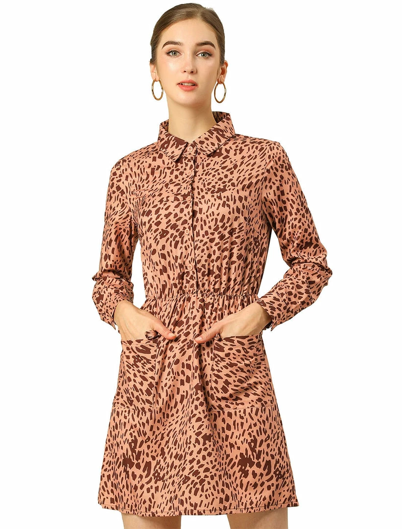 Allegra K Buttoned Flap Pockets Short Leopard Dress 3 Allegra K Buttoned Flap Pockets Short Leopard Dress