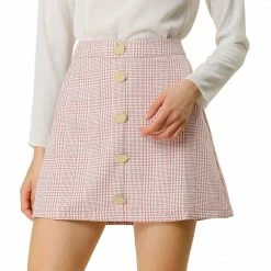 Allegra K Women's Houndstooth Plaids Heart Button Decor High Waist A-Line Mini Skirt