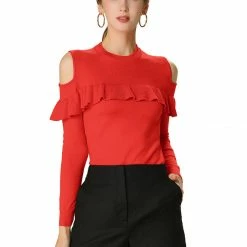 Allegra K Cold Shoulder Knit Top With Ruffle Front Women