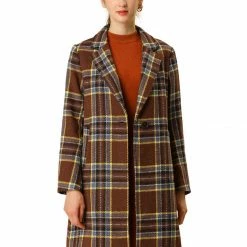 Allegra K Notched Lapel Tartan Plaid Coat