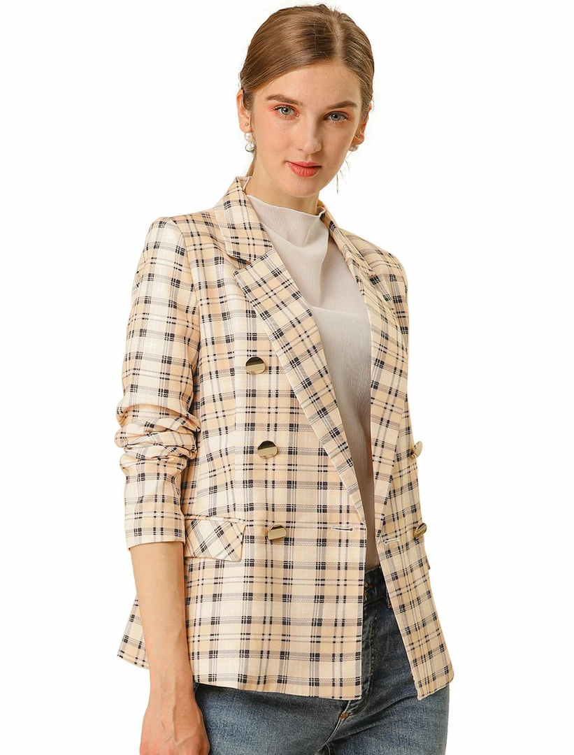 Allegra K Women's Notched Lapel Double Breasted Plaid Formal Blazer Jackets 3 Allegra K Women's Notched Lapel Double Breasted Plaid Formal Blazer Jackets