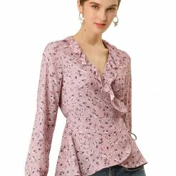 Allegra K Floral Print Crossover Ruffle V Neck Self Tie Wrap Peplum Top Women