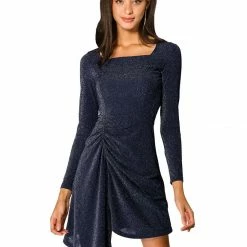 Allegra K Women's Sparkle Glitter Square Neck Stretchy Party Long Sleeve Dress