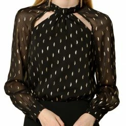Allegra K Cut Out Long Sleeve Chiffon Blouses With Stand Collar In Metallic Dots Women