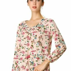 Women Allegra K 3/4 Sleeve V Neck Floral Blouse