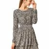 Allegra K Women's Leopard Print Long Sleeve Layered Ruffle Hem Dress
