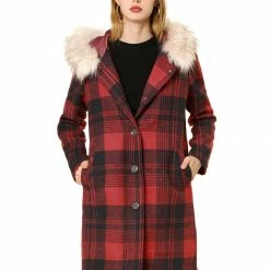 Allegra K Plaid Single Breasted Jacket With Removable Faux Fur Hood Women