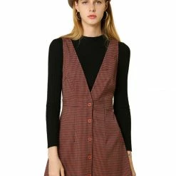 Allegra K Women's Overalls Suspenders Plaid Houndstooth Pinafore Dress