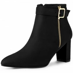 Allegra K Shoes Women's Pointed Toe Buckle Zip Block Heel Ankle Booties