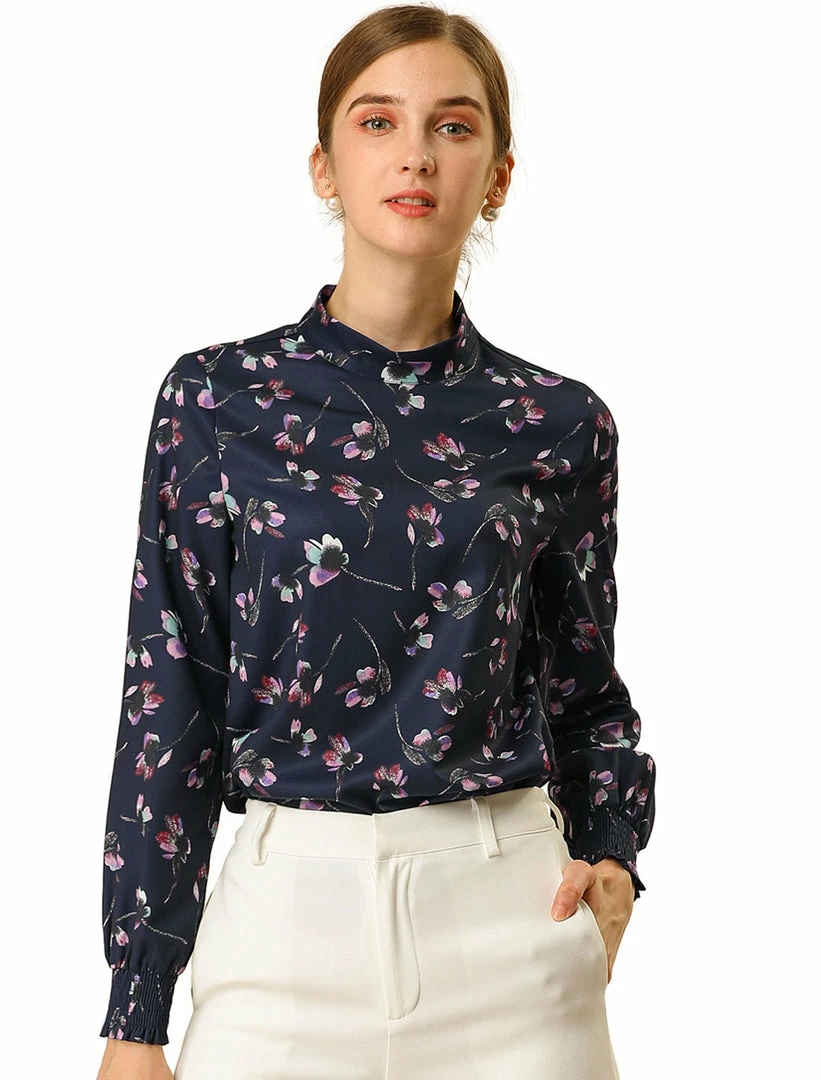 Allegra K Floral Mock Neck Long Sleeve Blouse Women 3 Allegra K Floral Mock Neck Long Sleeve Blouse Women