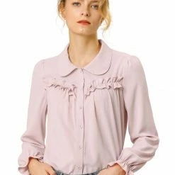 Women Allegra K Button Down Long Sleeve Elastic Cuff Ruffle Detail Blouse