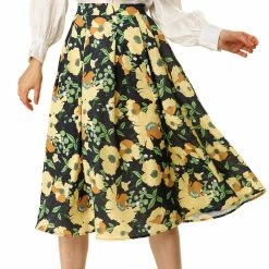 Allegra K Women's Summer Elastic High Waist Pleated A-Line Midi Floral Skirt