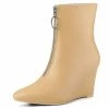 Allegra K Women's Front Zip Pointed Toe Mid Calf Wedge Boots Shoes