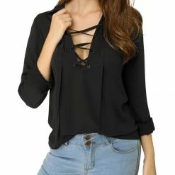 Allegra K Casual Long Sleeve V Neck Lace Up Chiffon Blouse Women
