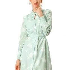 Women Allegra K Tie V Neck Long Sleeves Floral Shirt Dress With Belt
