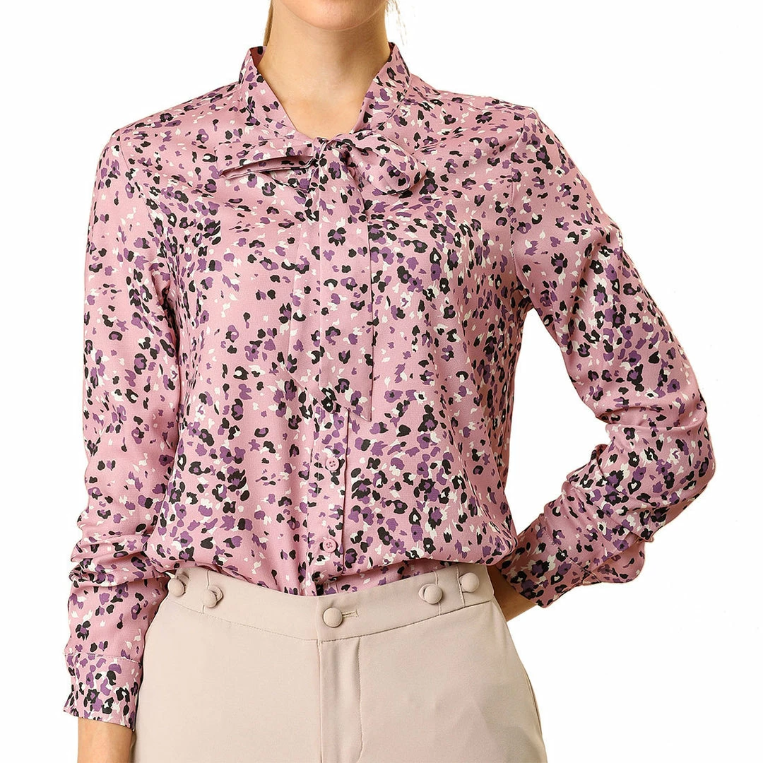Women Allegra K Elegant Casual Floral Bow Tie Neck Button Up Blouse Shirt 3 Women Allegra K Elegant Casual Floral Bow Tie Neck Button Up Blouse Shirt