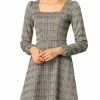 Women Allegra K Houndstooth Plaid Square Neck Long Sleeve Dress