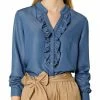 Women Allegra K Ruffle Front V Neck Button Up Long Sleeves Casual Chambray Tops Shirt 2 Women Allegra K Ruffle Front V Neck Button Up Long Sleeves Casual Chambray Tops Shirt