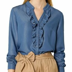 Women Allegra K Ruffle Front V Neck Button Up Long Sleeves Casual Chambray Tops Shirt