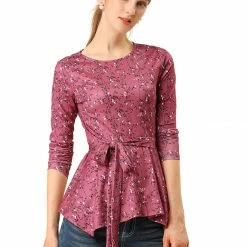 Allegra K]Waist Tie Peplum Top In Floral Print Women