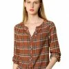 Allegra K Women's Button Up Long Sleeve Shirt Casual Split Neck Plaid Blouse Tops