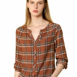 Allegra K Women's Button Up Long Sleeve Shirt Casual Split Neck Plaid Blouse Tops