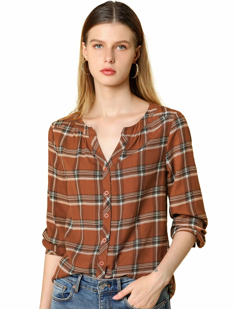Allegra K Women's Button Up Long Sleeve Shirt Casual Split Neck Plaid Blouse Tops 3 Allegra K Women's Button Up Long Sleeve Shirt Casual Split Neck Plaid Blouse Tops