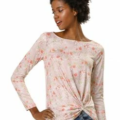Allegra K Floral Print Front Knot Asymmetrical Hem Boat Neckline Casual Long Sleeve Top Women
