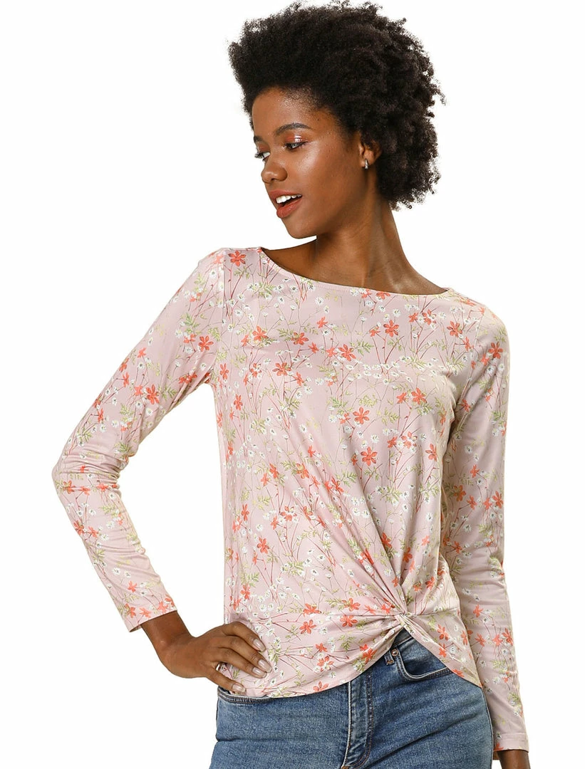 Allegra K Floral Print Front Knot Asymmetrical Hem Boat Neckline Casual Long Sleeve Top Women 3 Allegra K Floral Print Front Knot Asymmetrical Hem Boat Neckline Casual Long Sleeve Top Women